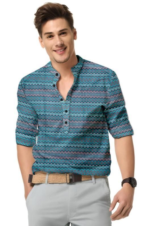 Men's Collection  Printed Spread Collar Casual Shirt Blue