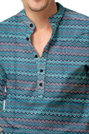 Men's Collection  Printed Spread Collar Casual Shirt Blue